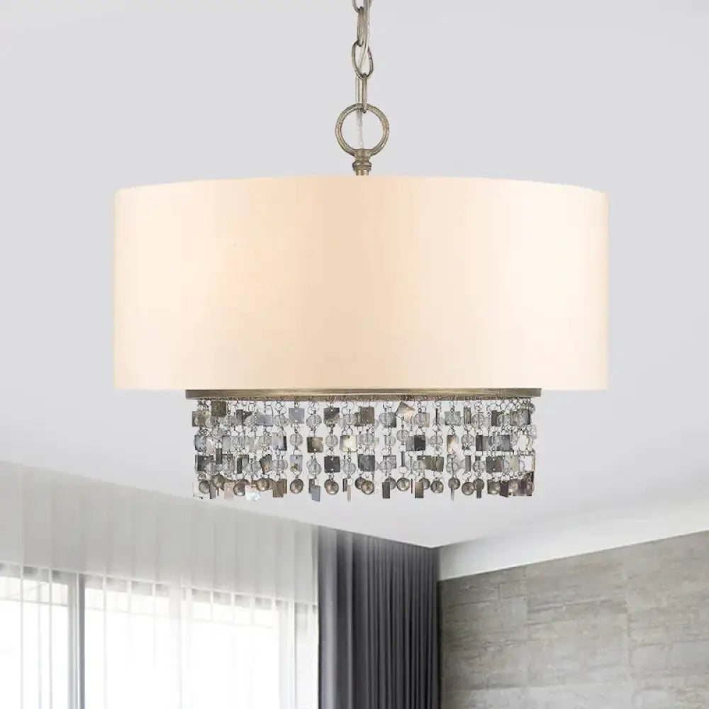 Drum Fabric Chandelier Light Traditional 5 - Bulb Living Room Hanging Lamp In White With Crystal