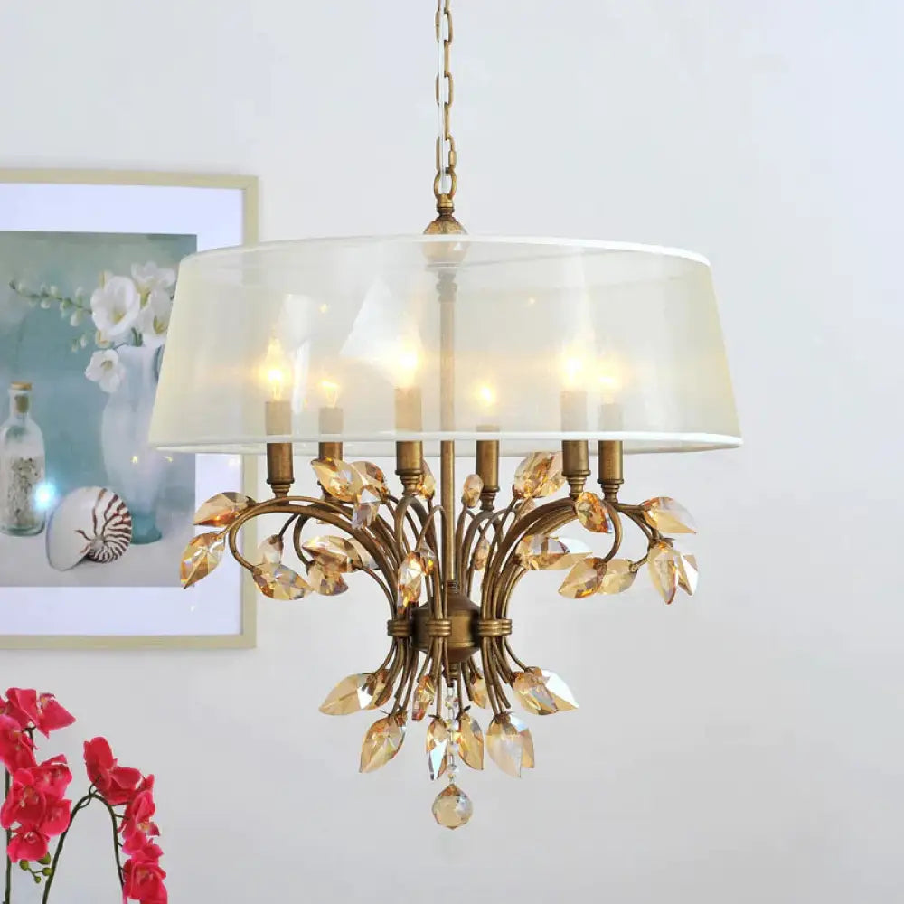 Drum Fabric Suspension Lamp Contemporary 6 Heads Living Room Chandelier Light Fixture In Brass