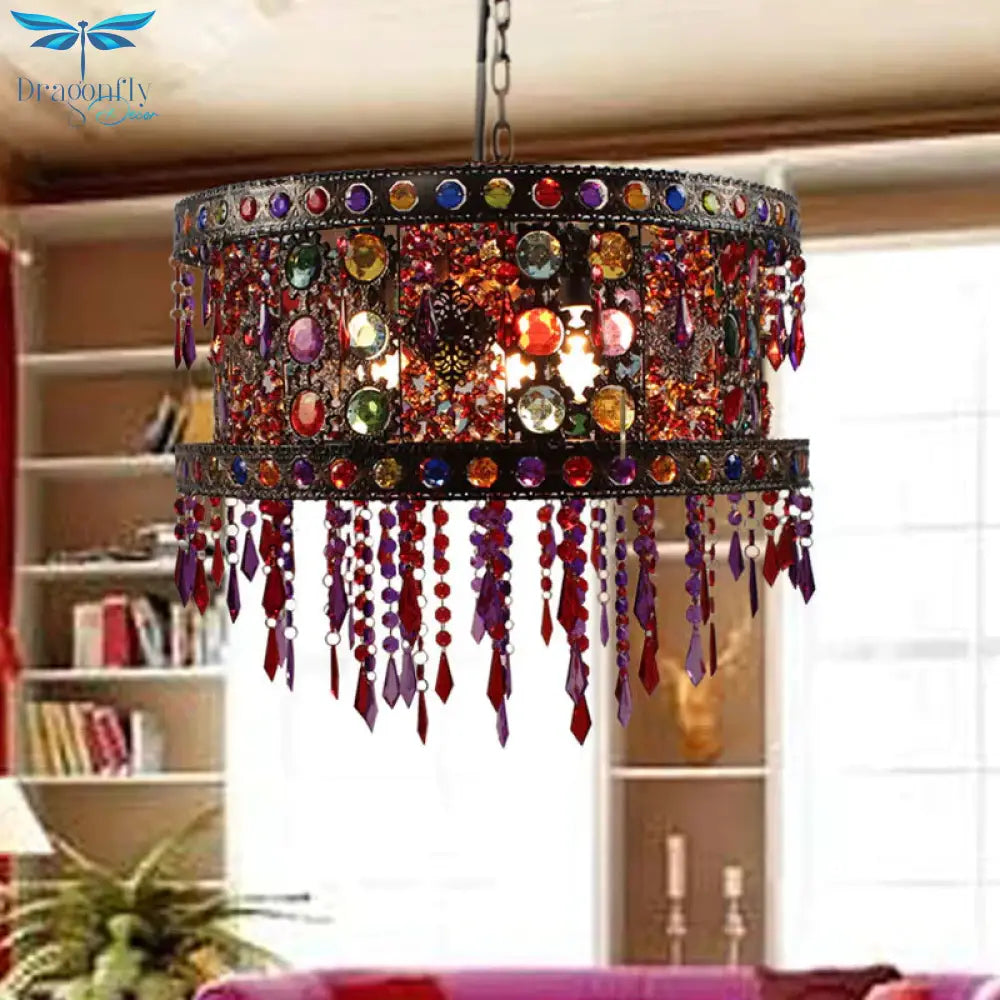 Drum Living Room Ceiling Chandelier Bohemian Metal 3 Lights Bronze Hanging Lamp Kit With Crystal