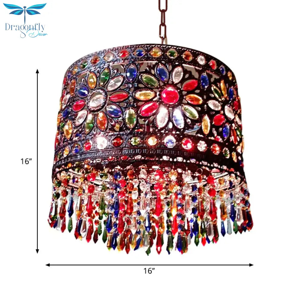 Drum Metallic Suspension Lamp Bohemian 3 Heads Living Room Chandelier Light With Crystal Deco In Red