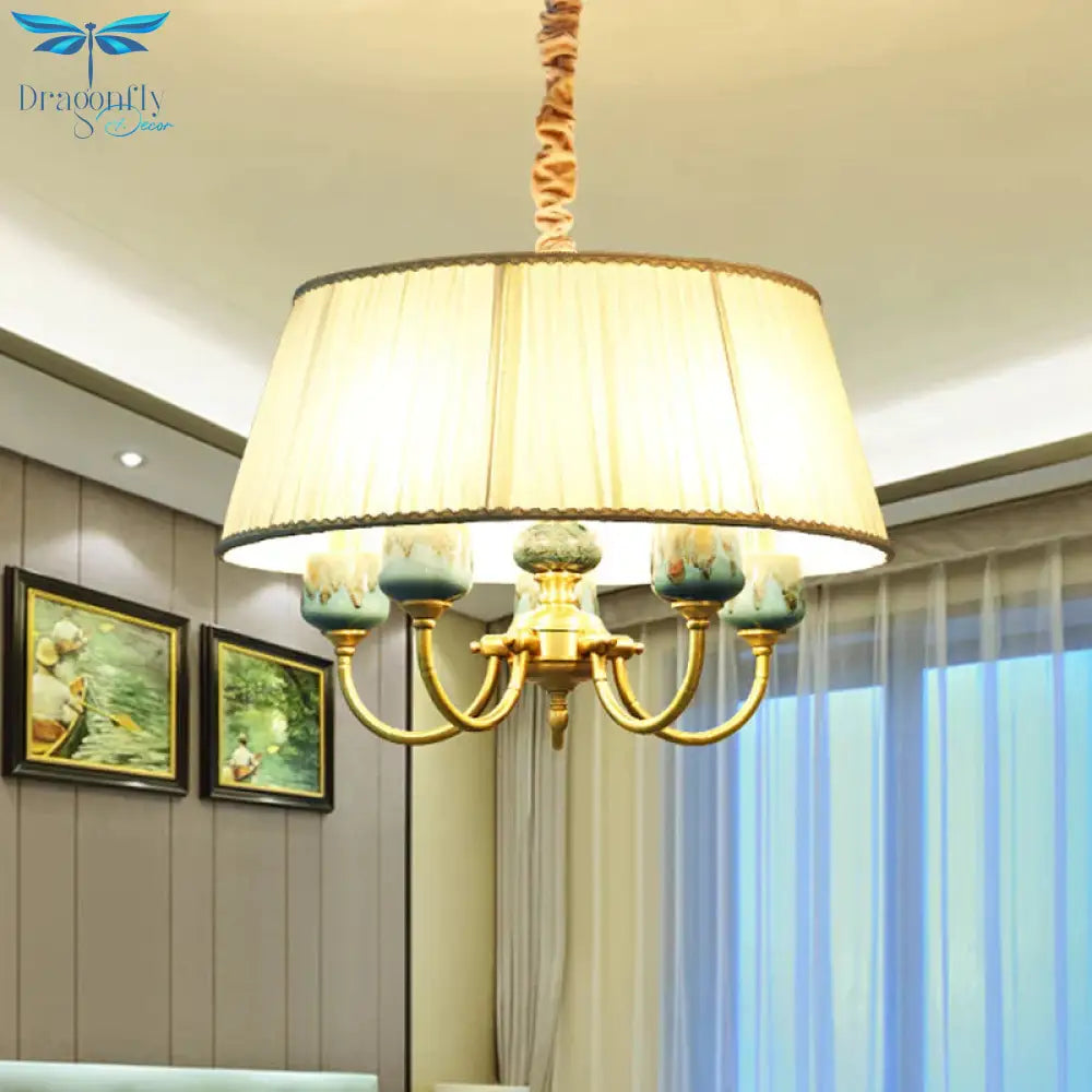 Drum Shade Fabric Hanging Lamp Rural Style 5 Lights Dining Room Chandelier Pendant Light In White