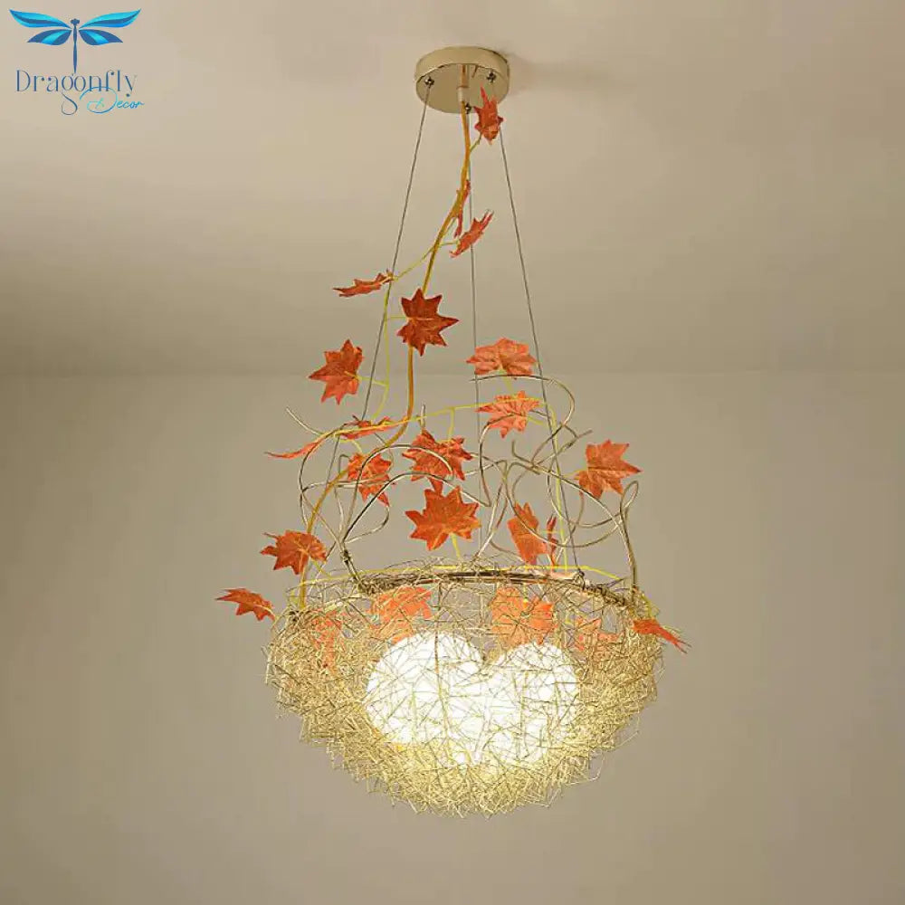 Egg - Like Chandelier Rustic 3 Lights Milk White Glass Hanging Ceiling Pendant With Gold Nest And