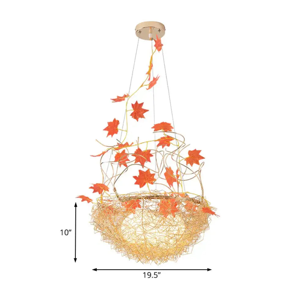 Egg - Like Chandelier Rustic 3 Lights Milk White Glass Hanging Ceiling Pendant With Gold Nest And