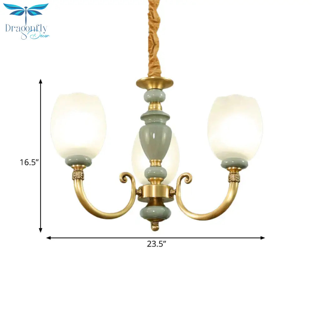 Elongated Dome Dining Room Chandelier Lighting Countryside Frosted 3 Heads Gold Finish Pendant Lamp