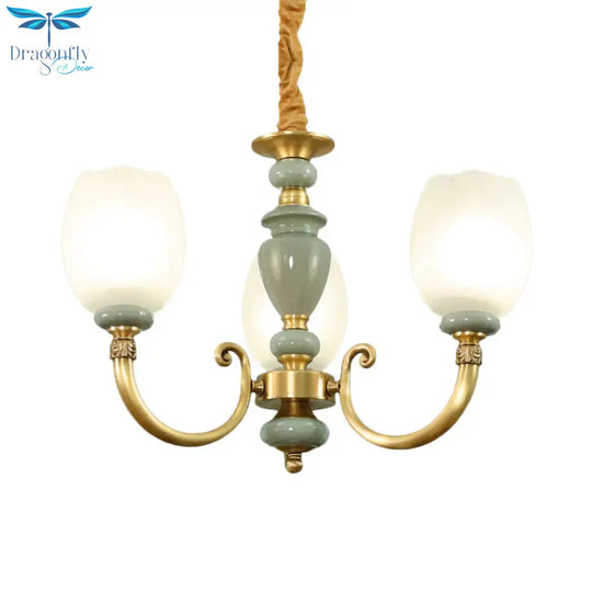Elongated Dome Dining Room Chandelier Lighting Countryside Frosted 3 Heads Gold Finish Pendant Lamp