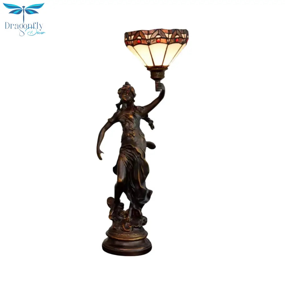 Emily - Tiffany Yellow/White - Brown Glass Table Lamp With Greek Woman Statue