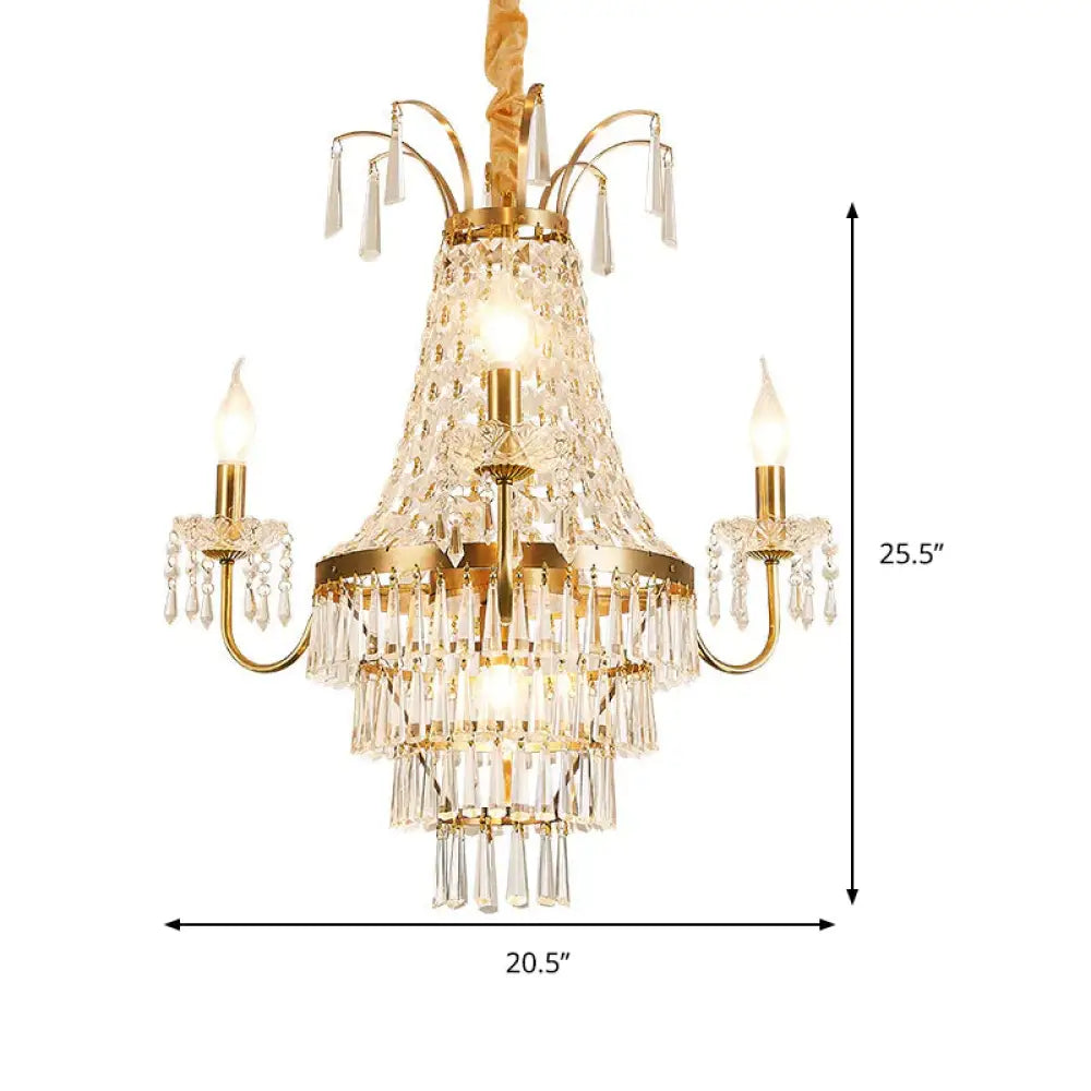 Empire Chandelier Light Fixture With Candle Luxury Crystal 4 Heads Pendant In Brass Finish