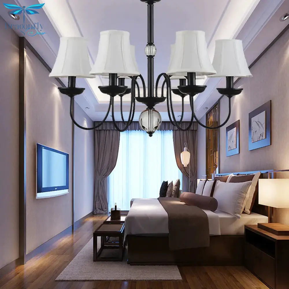 Empire Shade Bedroom Chandelier Light Traditional White Fabric 3/5/6 Lights Black Ceiling Pendant