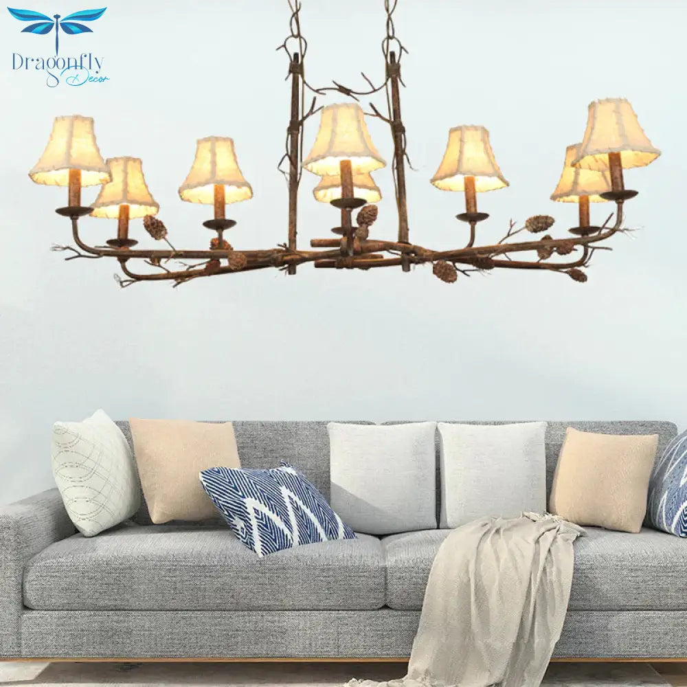Empire Shade Chandelier Lamp Country Style 8 Lights Metal And Fabric Pendant Light In Rust