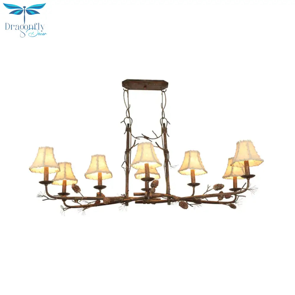 Empire Shade Chandelier Lamp Country Style 8 Lights Metal And Fabric Pendant Light In Rust