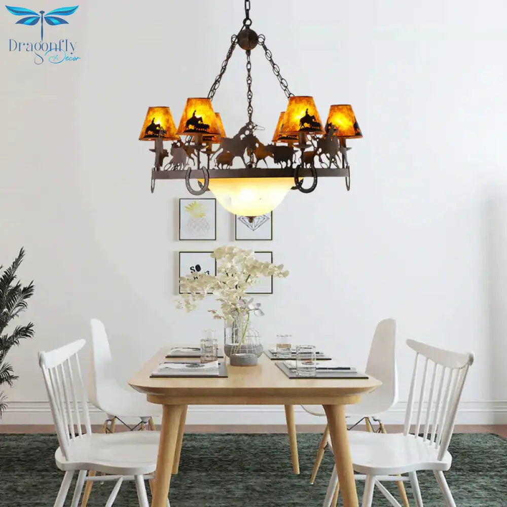 Empire Shade Dining Room Pendant Chandelier Country Metal 9 Lights Brown Hanging Fixture
