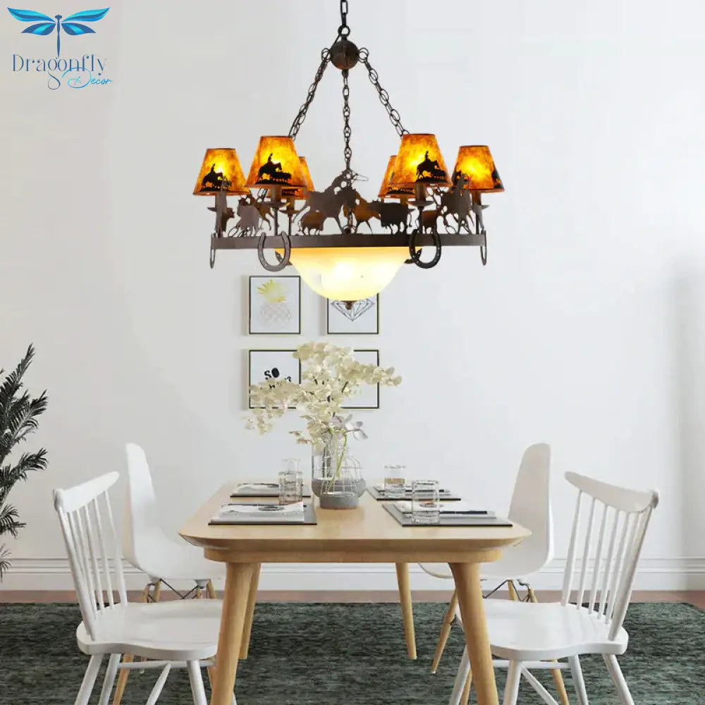 Empire Shade Dining Room Pendant Chandelier Country Metal 9 Lights Brown Hanging Fixture