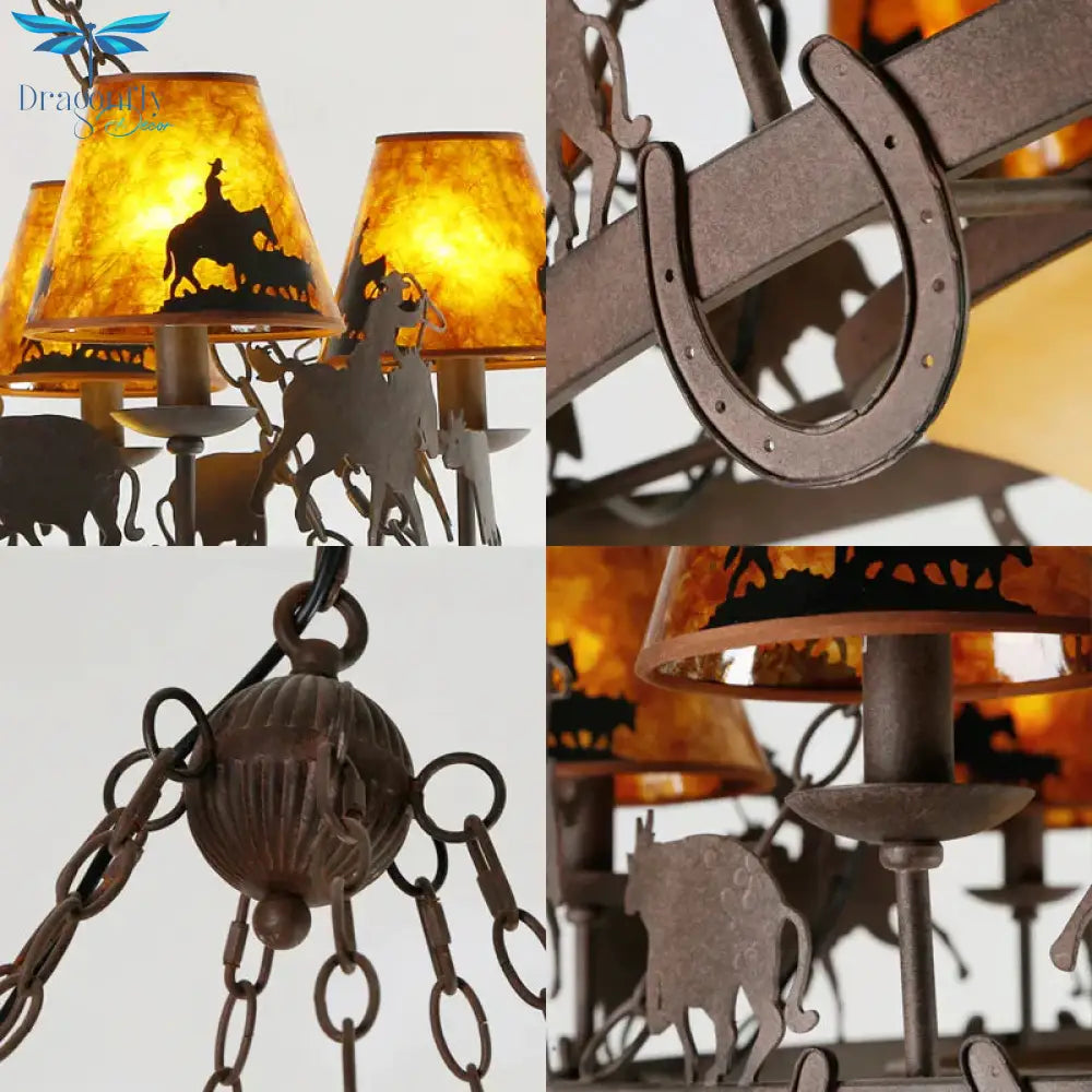 Empire Shade Dining Room Pendant Chandelier Country Metal 9 Lights Brown Hanging Fixture