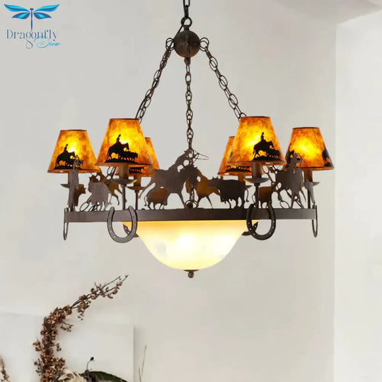 Empire Shade Dining Room Pendant Chandelier Country Metal 9 Lights Brown Hanging Fixture