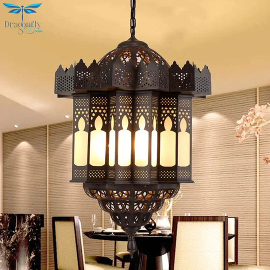 Etched Lantern Dining Room Chandelier Light Art Deco Frosted Glass 3 - Bulb Black Finish Ceiling