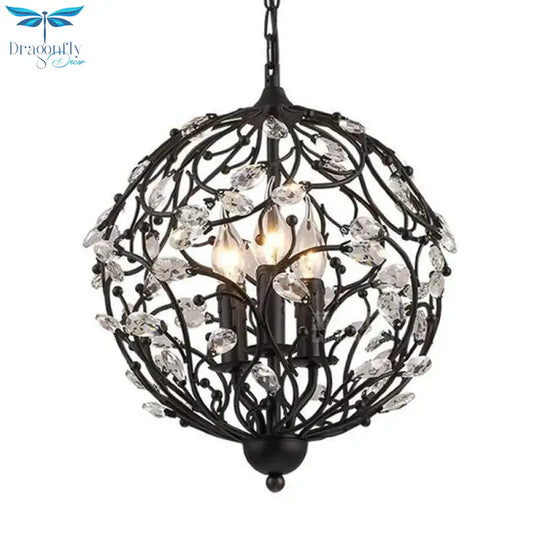 European Globe Hanging Chandelier 3 - Head Beveled Glass Crystal Suspension Lamp In Black