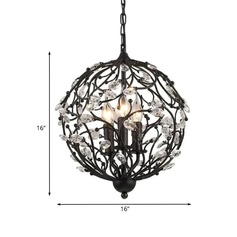 European Globe Hanging Chandelier 3 - Head Beveled Glass Crystal Suspension Lamp In Black