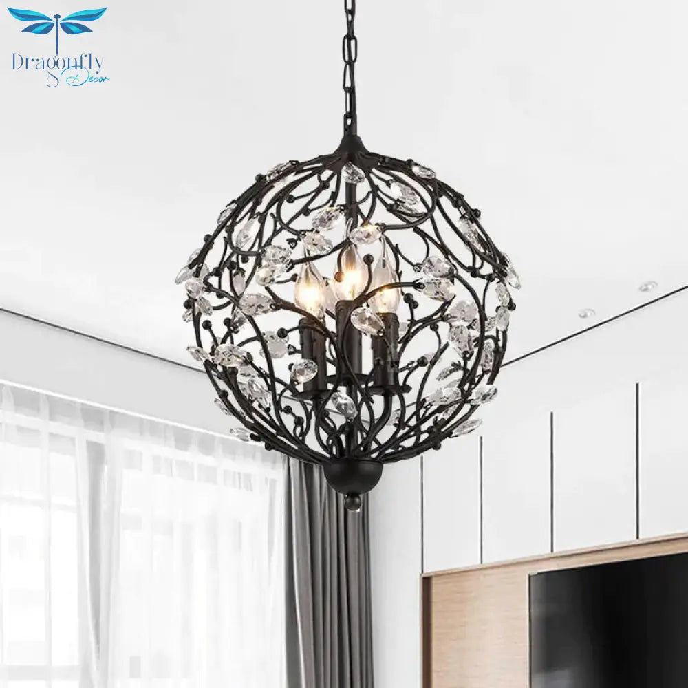 European Globe Hanging Chandelier 3 - Head Beveled Glass Crystal Suspension Lamp In Black