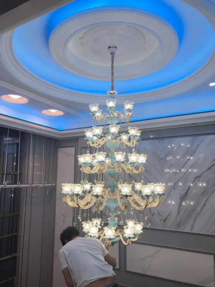 European - Style Duplex Building Chandelier Crystal Lamp Living Room Hotel Ceramic Three - Story