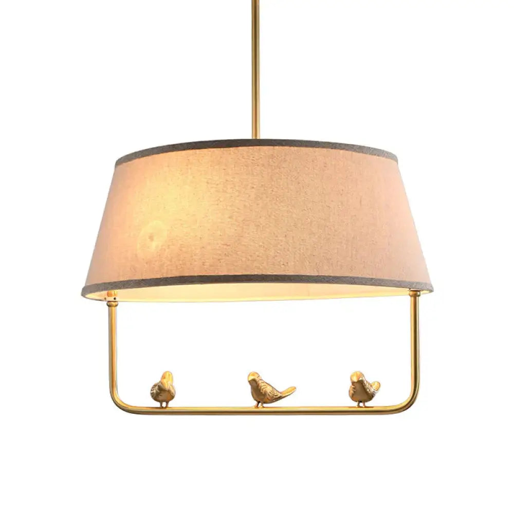Fabric Beige Ceiling Chandelier Drum Shade 3 Heads Rustic Style Suspension Pendant With Bottom