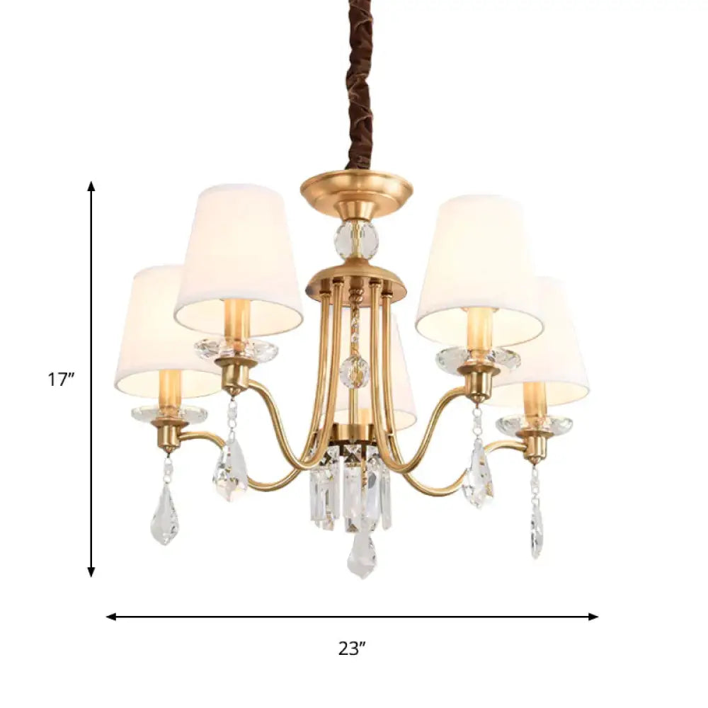Fabric Brass Chandelier Lamp Barrel 5 Heads Traditional Hanging Light With Crystal Draping
