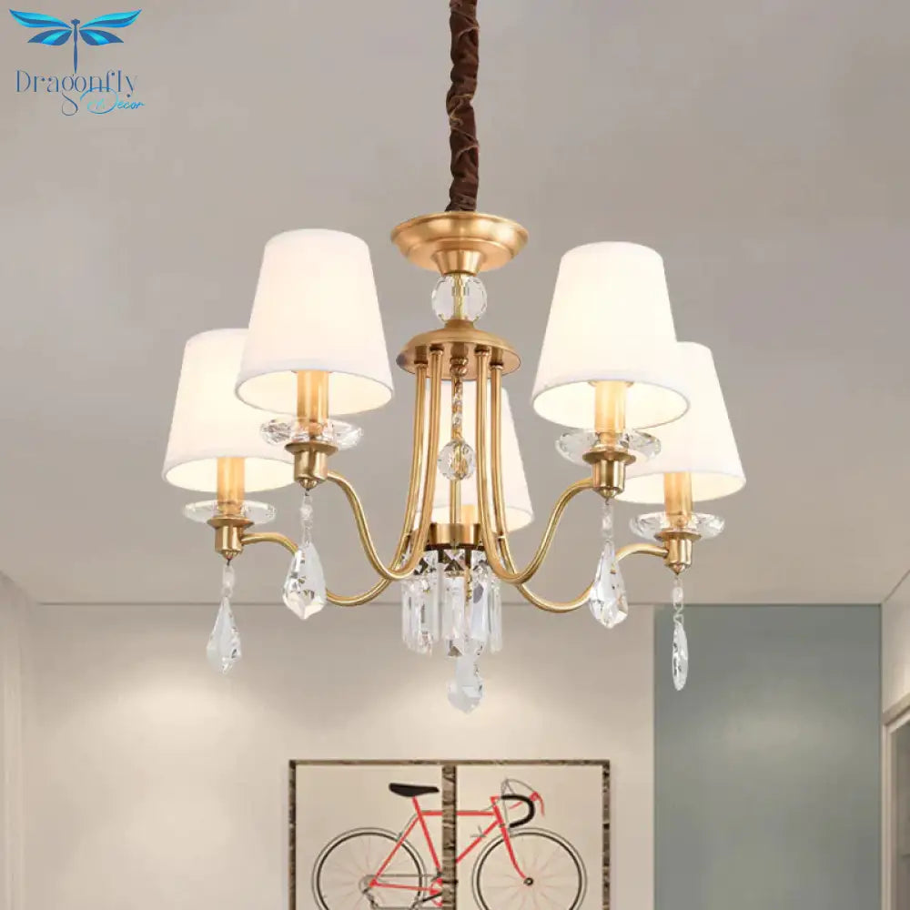 Fabric Brass Chandelier Lamp Barrel 5 Heads Traditional Hanging Light With Crystal Draping
