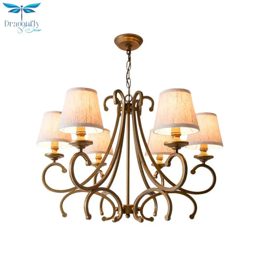 Fabric Brass Chandelier Pendant Light Conic 3/6 - Light Country Ceiling Suspension Lamp With