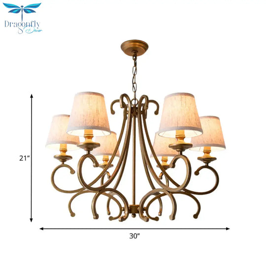 Fabric Brass Chandelier Pendant Light Conic 3/6 - Light Country Ceiling Suspension Lamp With