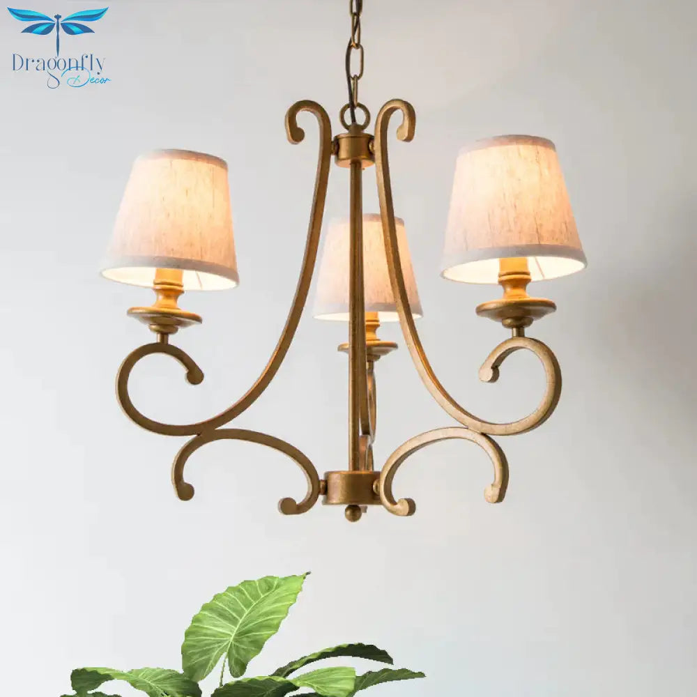 Fabric Brass Chandelier Pendant Light Conic 3/6 - Light Country Ceiling Suspension Lamp With