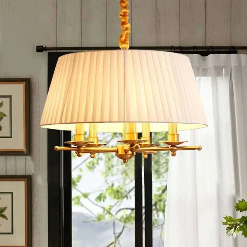 Fabric Brass Pendant Chandelier Gathered Empire Shade 5 - Head Traditional Hanging Ceiling Light