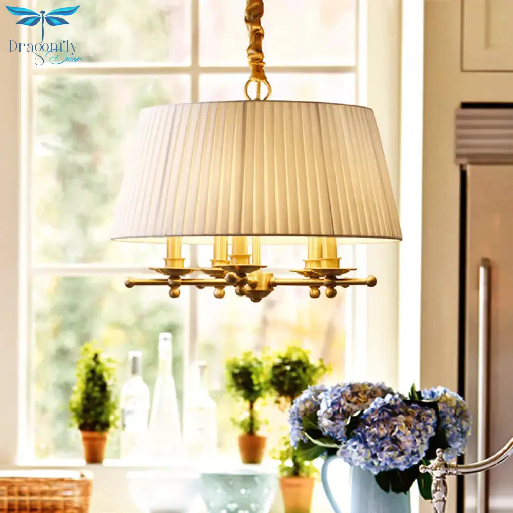 Fabric Brass Pendant Chandelier Gathered Empire Shade 5 - Head Traditional Hanging Ceiling Light