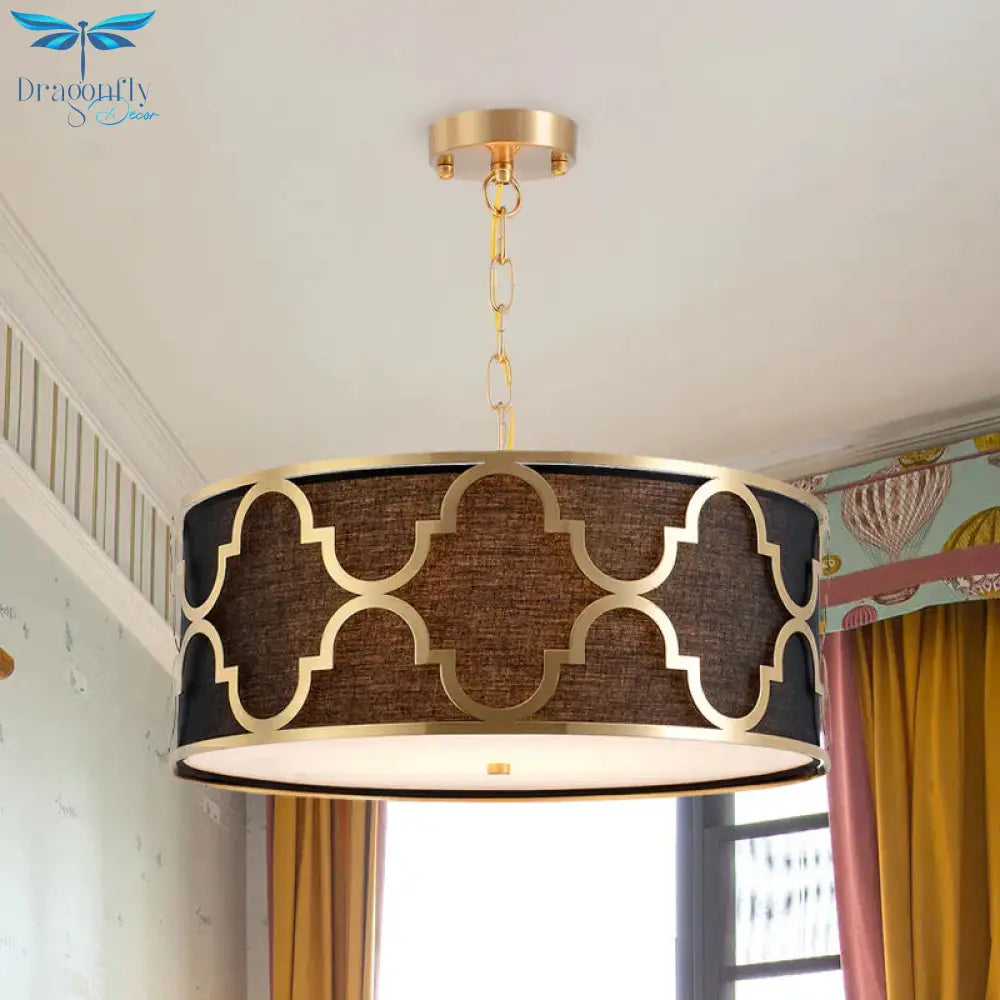 Fabric Brown Chandelier Pendant Drum Shaped 4/5 Bulbs Traditional Hanging Light Kit With Quatrefoil
