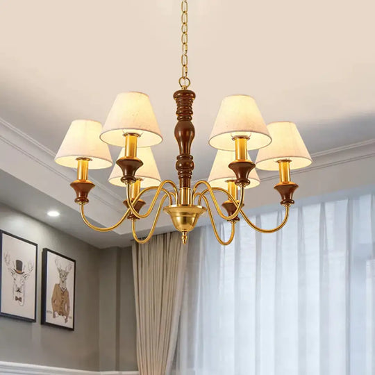 Fabric Conical Hanging Ceiling Light Rural Style 6/8 Heads Living Room Chandelier In White With