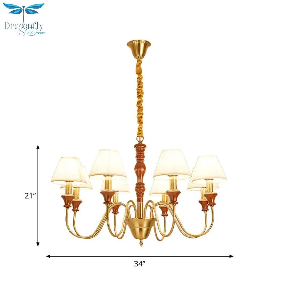 Fabric Conical Hanging Ceiling Light Rural Style 6/8 Heads Living Room Chandelier In White With