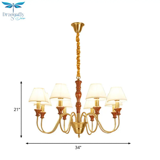 Fabric Conical Hanging Ceiling Light Rural Style 6/8 Heads Living Room Chandelier In White With