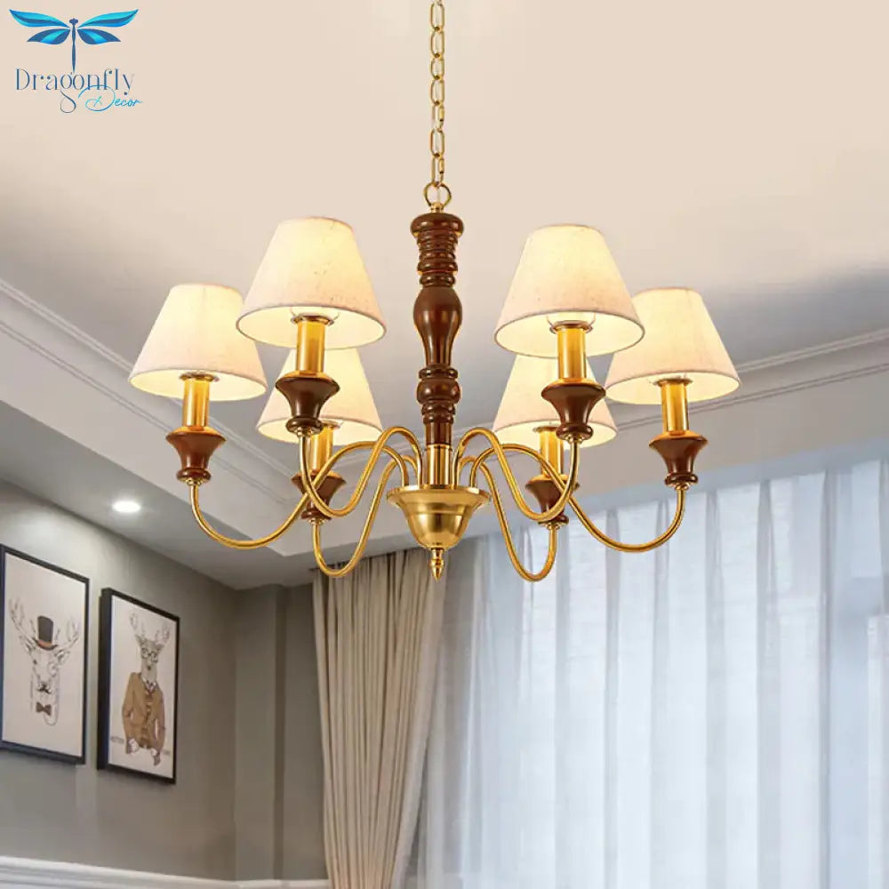 Fabric Conical Hanging Ceiling Light Rural Style 6/8 Heads Living Room Chandelier In White With