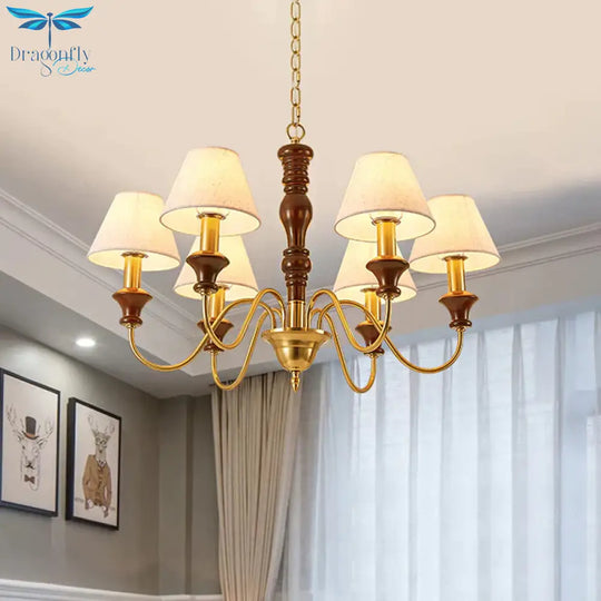 Fabric Conical Hanging Ceiling Light Rural Style 6/8 Heads Living Room Chandelier In White With
