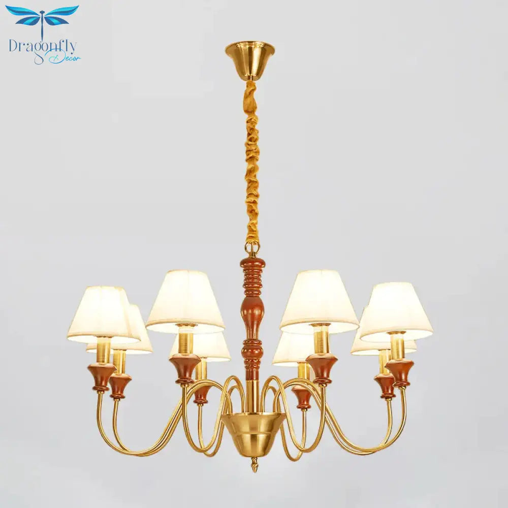 Fabric Conical Hanging Ceiling Light Rural Style 6/8 Heads Living Room Chandelier In White With