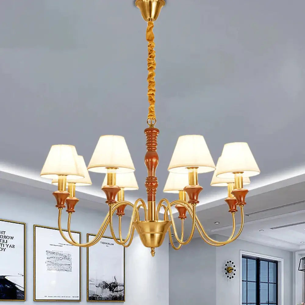 Fabric Conical Hanging Ceiling Light Rural Style 6/8 Heads Living Room Chandelier In White With