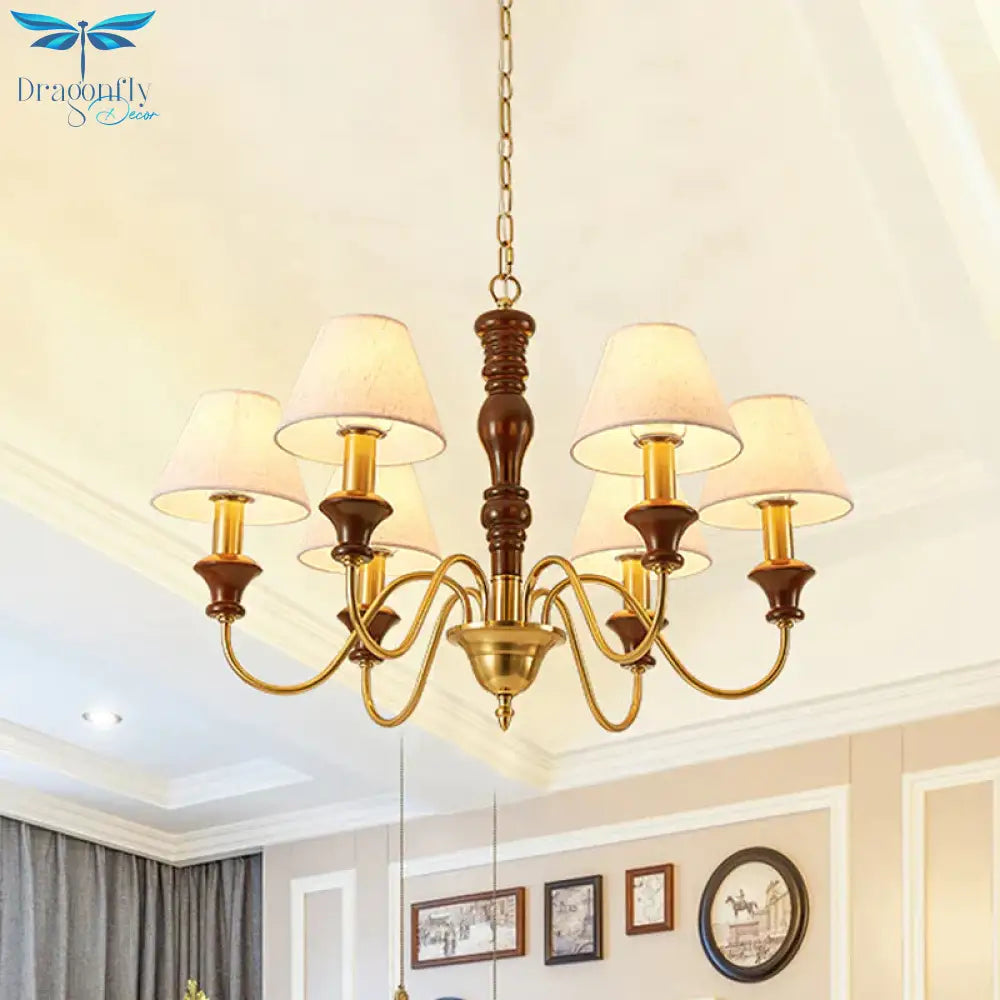 Fabric Conical Hanging Ceiling Light Rural Style 6/8 Heads Living Room Chandelier In White With