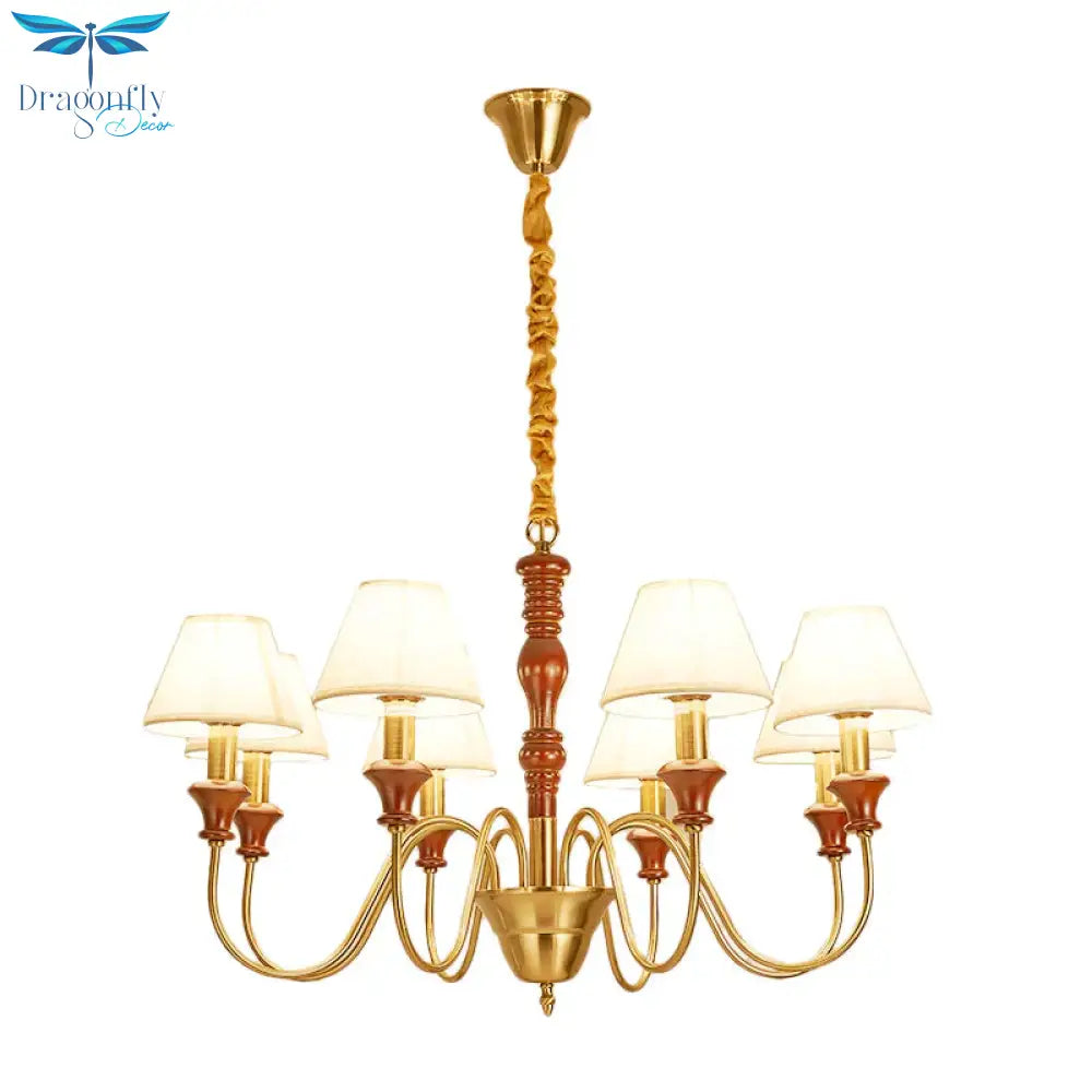 Fabric Conical Hanging Ceiling Light Rural Style 6/8 Heads Living Room Chandelier In White With