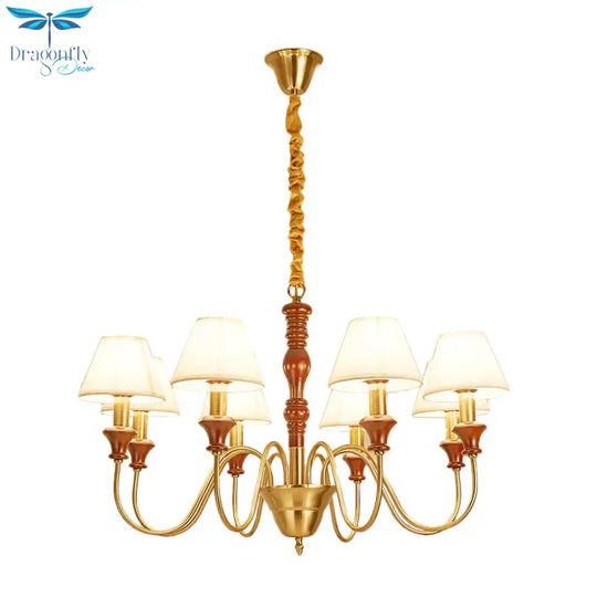 Fabric Conical Hanging Ceiling Light Rural Style 6/8 Heads Living Room Chandelier In White With