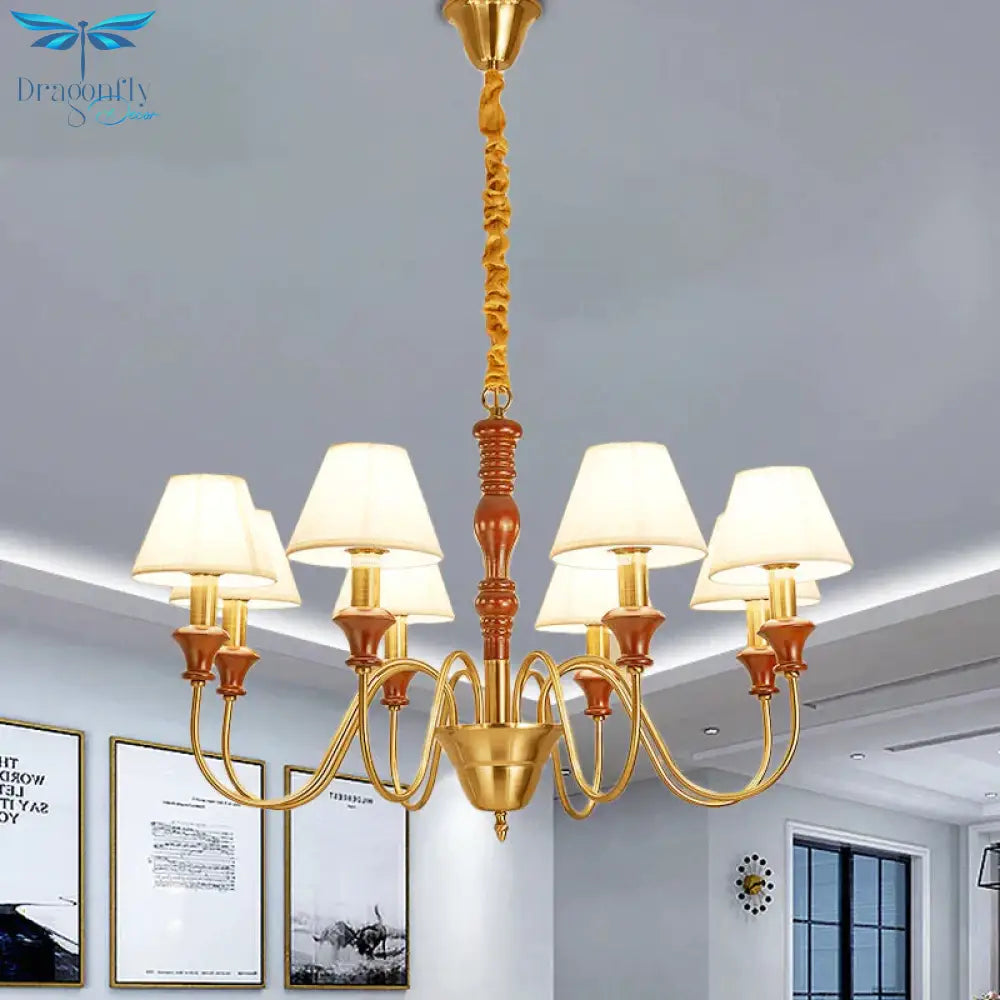 Fabric Conical Hanging Ceiling Light Rural Style 6/8 Heads Living Room Chandelier In White With