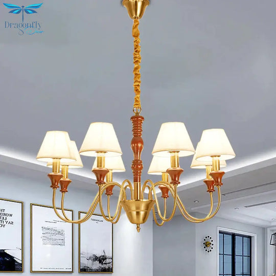 Fabric Conical Hanging Ceiling Light Rural Style 6/8 Heads Living Room Chandelier In White With