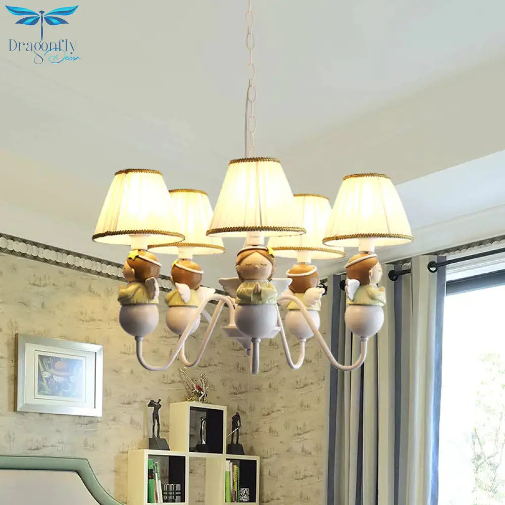 Fabric Conical Hanging Light Cartoon 5 Heads White Chandelier Lamp With Angel Decoration