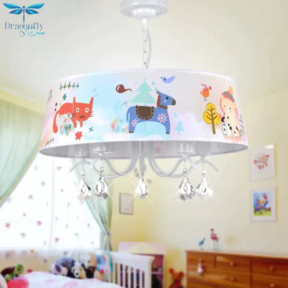 Fabric Drum Ceiling Chandelier Cartoon 5 Lights Blue Hanging Lamp Kit With Animals Pattern And