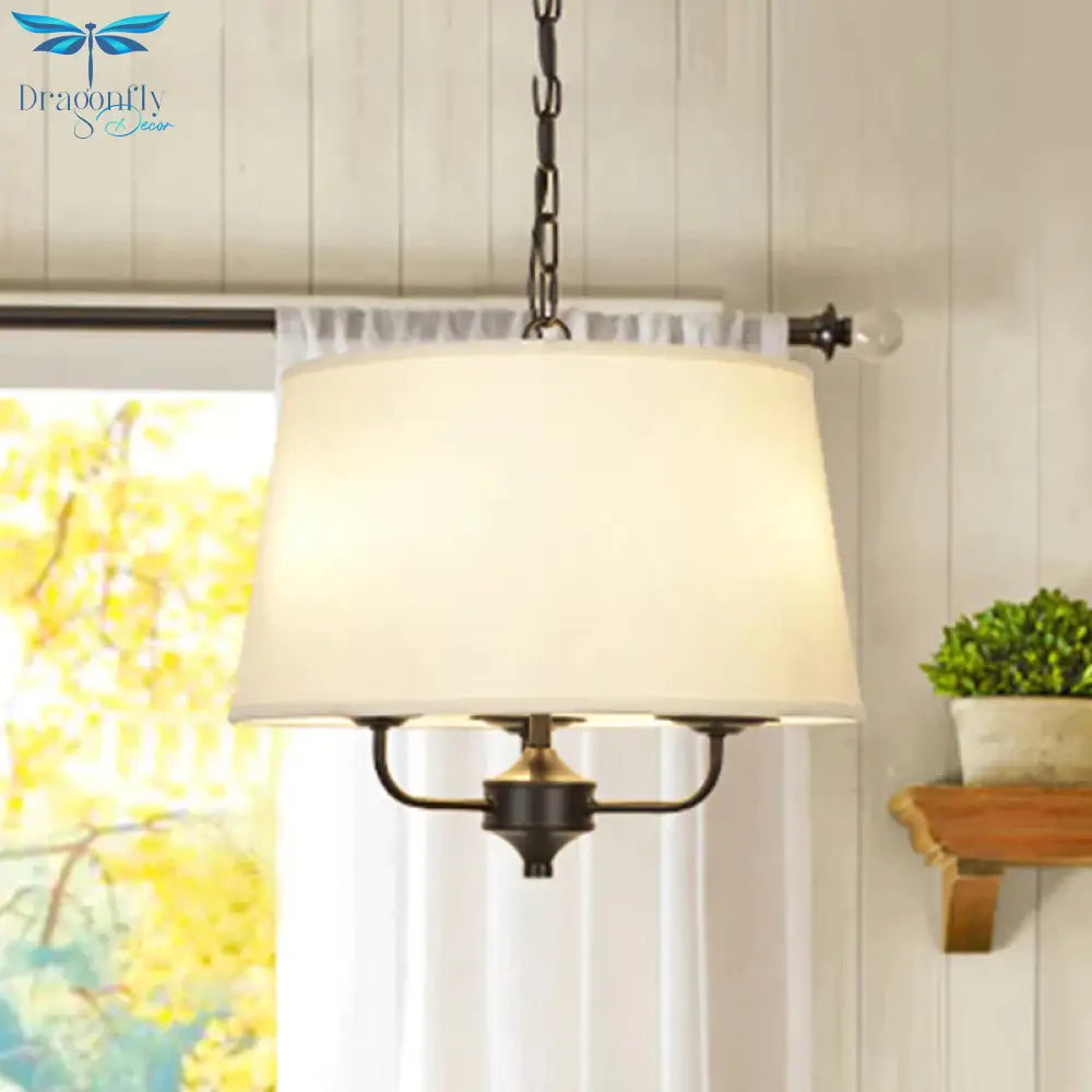 Fabric Drum Shade Hanging Chandelier Traditional 3 Lights Bedroom Pendant Light In Flaxen/White