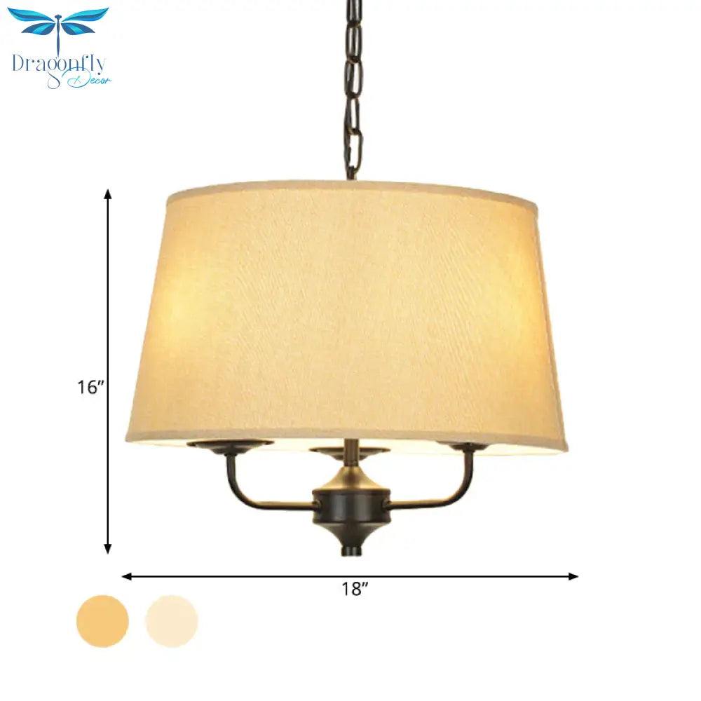 Fabric Drum Shade Hanging Chandelier Traditional 3 Lights Bedroom Pendant Light In Flaxen/White
