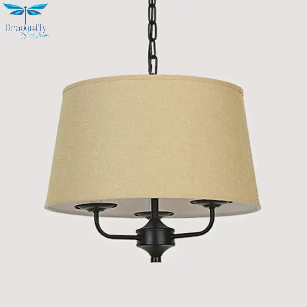 Fabric Drum Shade Hanging Chandelier Traditional 3 Lights Bedroom Pendant Light In Flaxen/White
