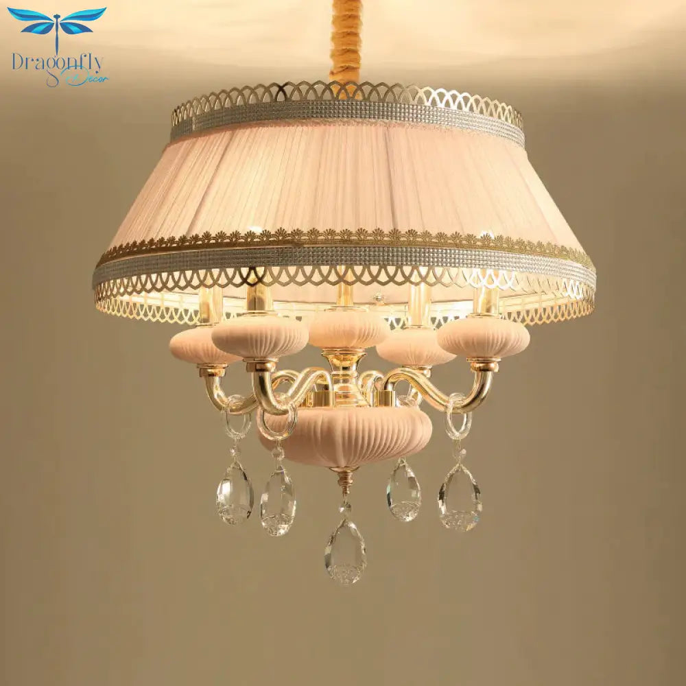 Fabric Pink/Blue Ceiling Lamp Drum 4 Lights Rustic Chandelier Pendant Light With Crystal Drop